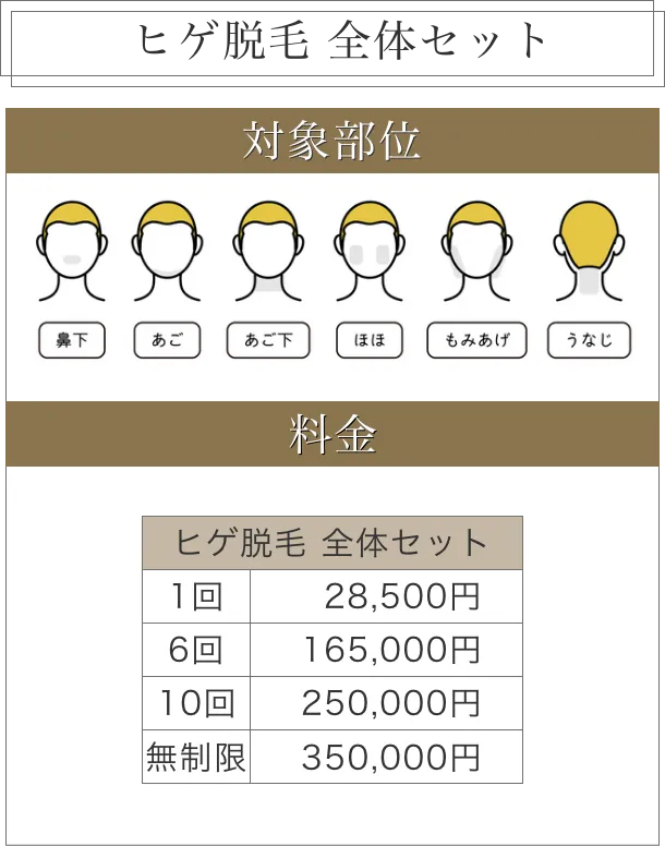 ヒゲ脱毛全体セット料金表
